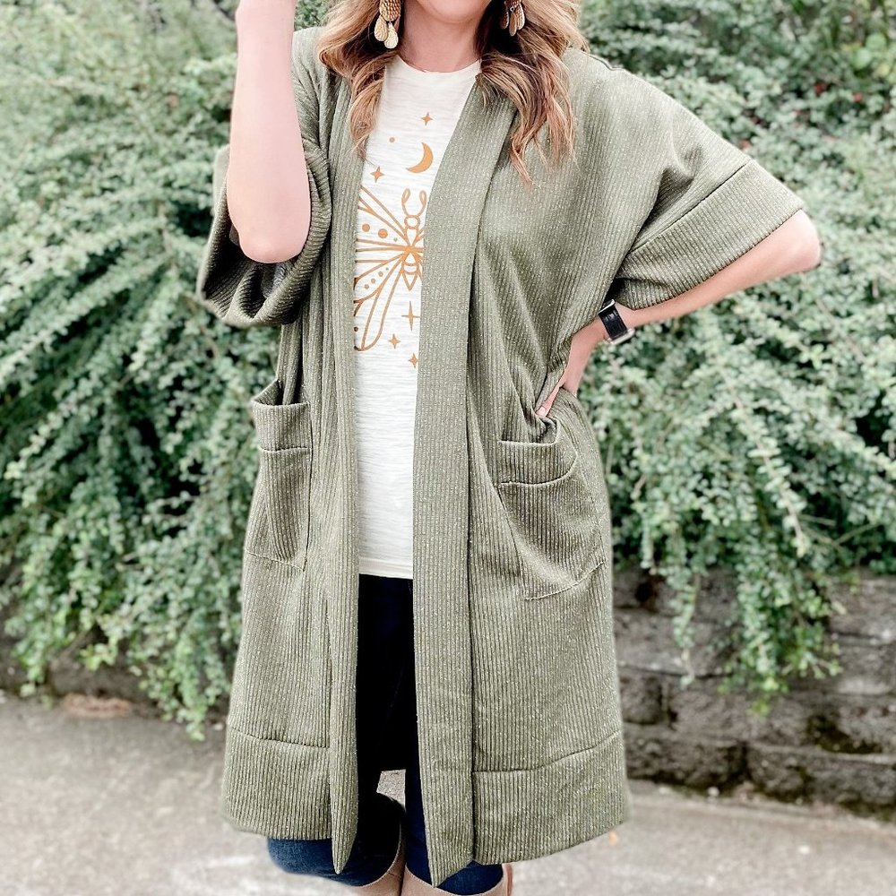 Long Ribbed Cardigan in Olive
